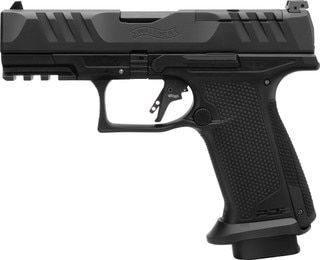 Striker fired 9mm pistol with optic-ready slide and 10-round capacity, black.